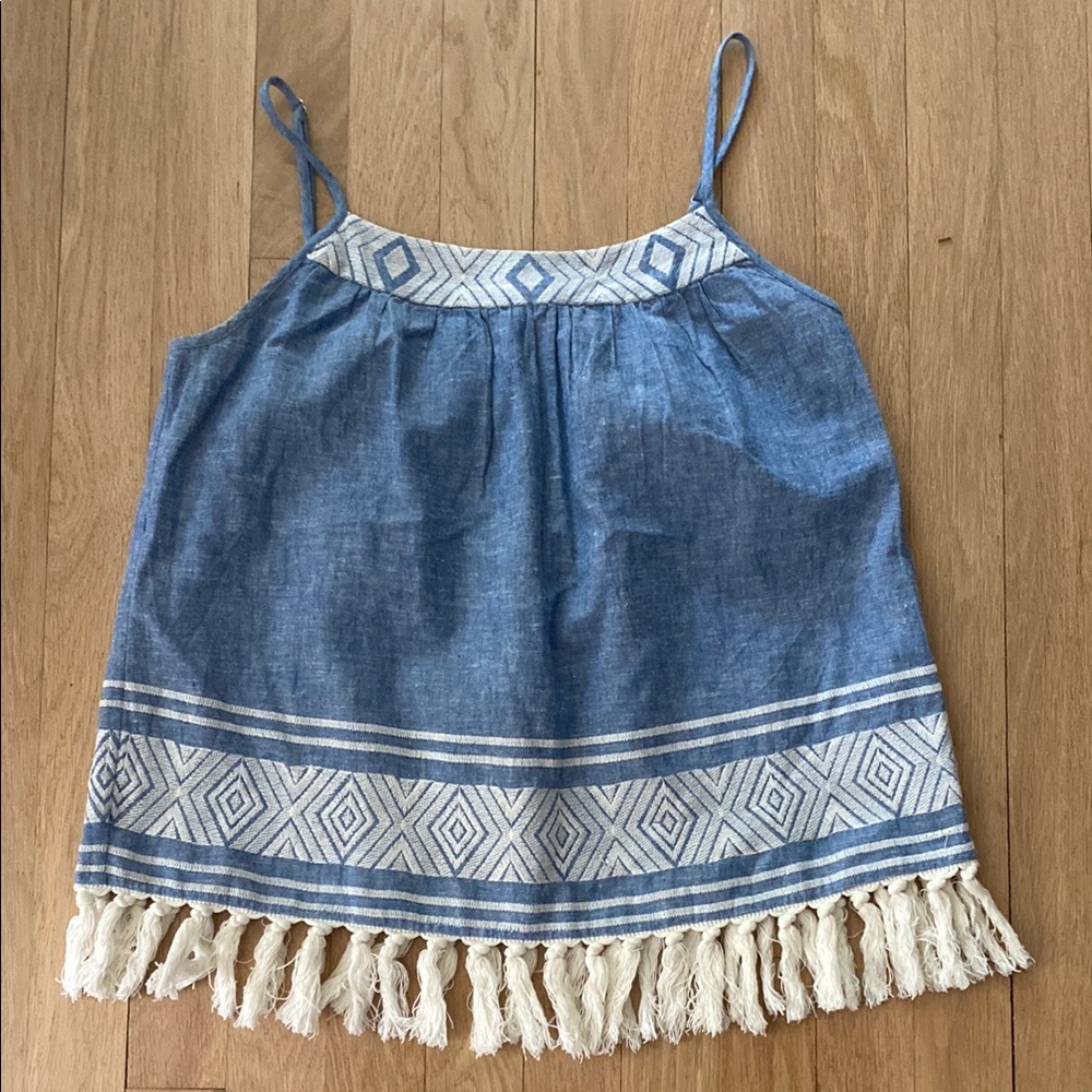 SOFT Joie Blue and White Sleeveless Top with Fringe